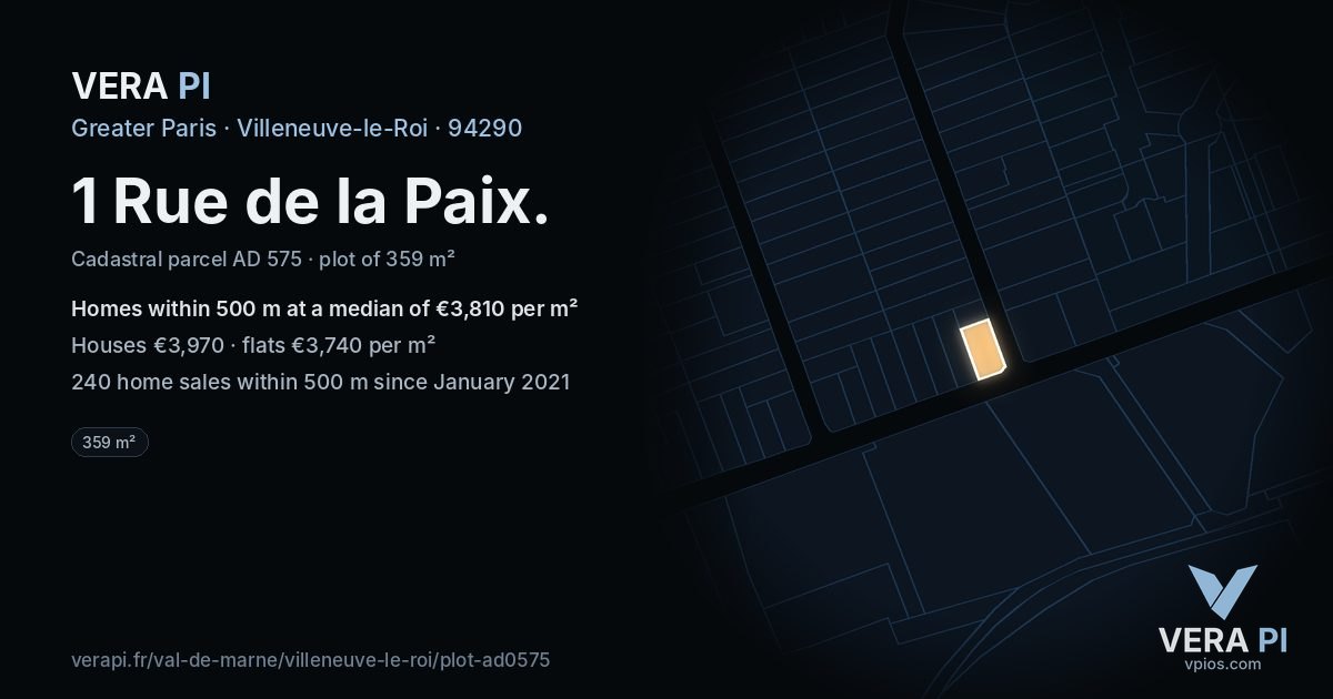 1 Rue de la Paix, Villeneuve-le-Roi at night – the plot lit, the parcels around coloured by the prices near them