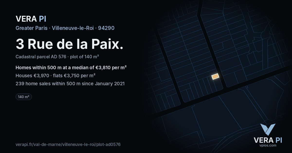 3 Rue de la Paix, Villeneuve-le-Roi at night – the plot lit, the parcels around coloured by the prices near them