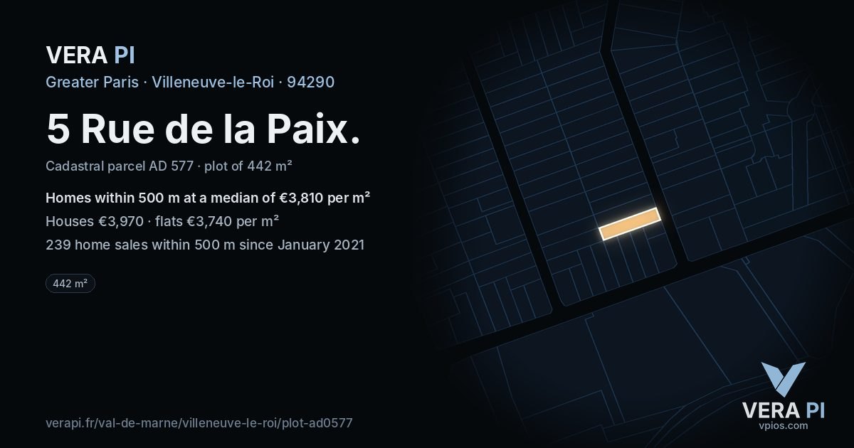 5 Rue de la Paix, Villeneuve-le-Roi at night – the plot lit, the parcels around coloured by the prices near them
