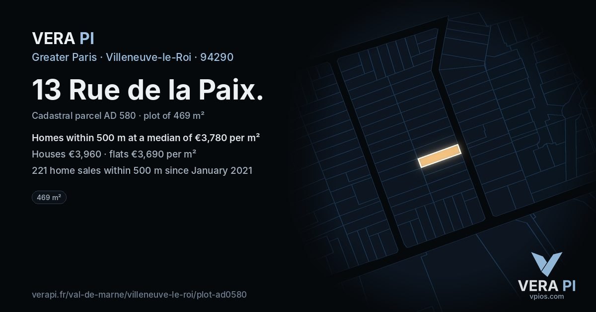 13 Rue de la Paix, Villeneuve-le-Roi at night – the plot lit, the parcels around coloured by the prices near them