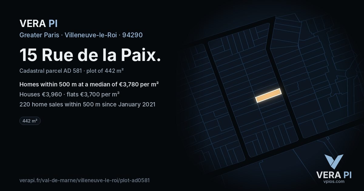 15 Rue de la Paix, Villeneuve-le-Roi at night – the plot lit, the parcels around coloured by the prices near them