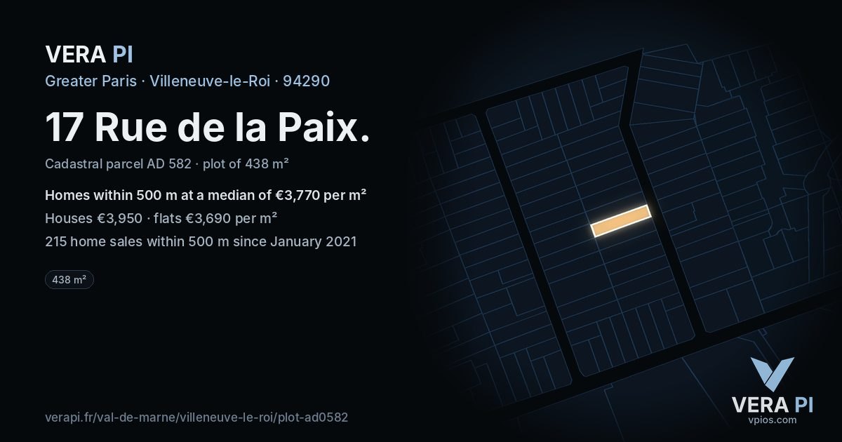 17 Rue de la Paix, Villeneuve-le-Roi at night – the plot lit, the parcels around coloured by the prices near them
