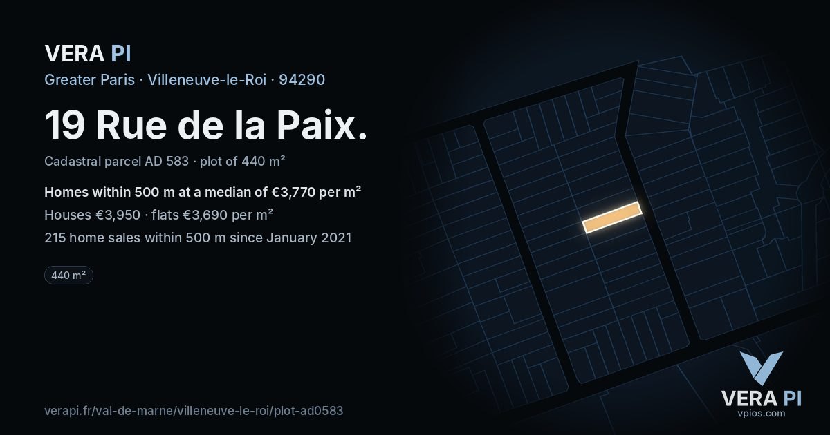 19 Rue de la Paix, Villeneuve-le-Roi at night – the plot lit, the parcels around coloured by the prices near them