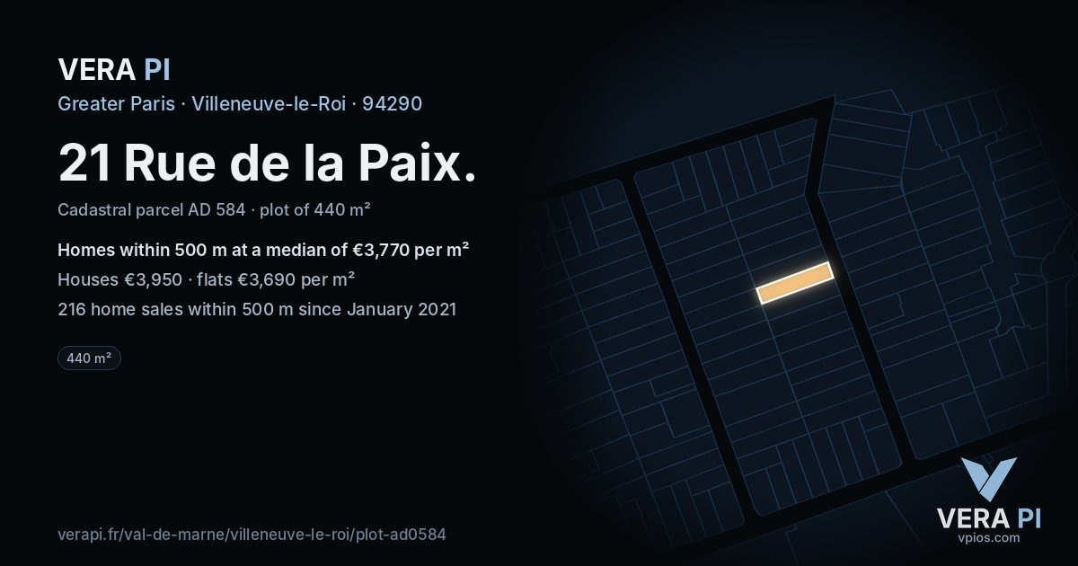 21 Rue de la Paix, Villeneuve-le-Roi at night – the plot lit, the parcels around coloured by the prices near them