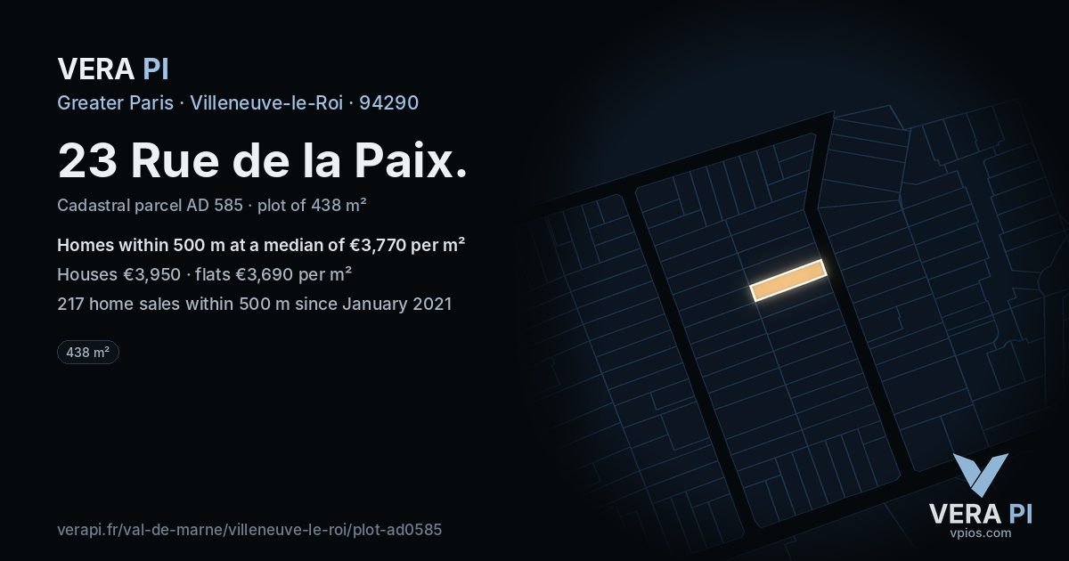 23 Rue de la Paix, Villeneuve-le-Roi at night – the plot lit, the parcels around coloured by the prices near them
