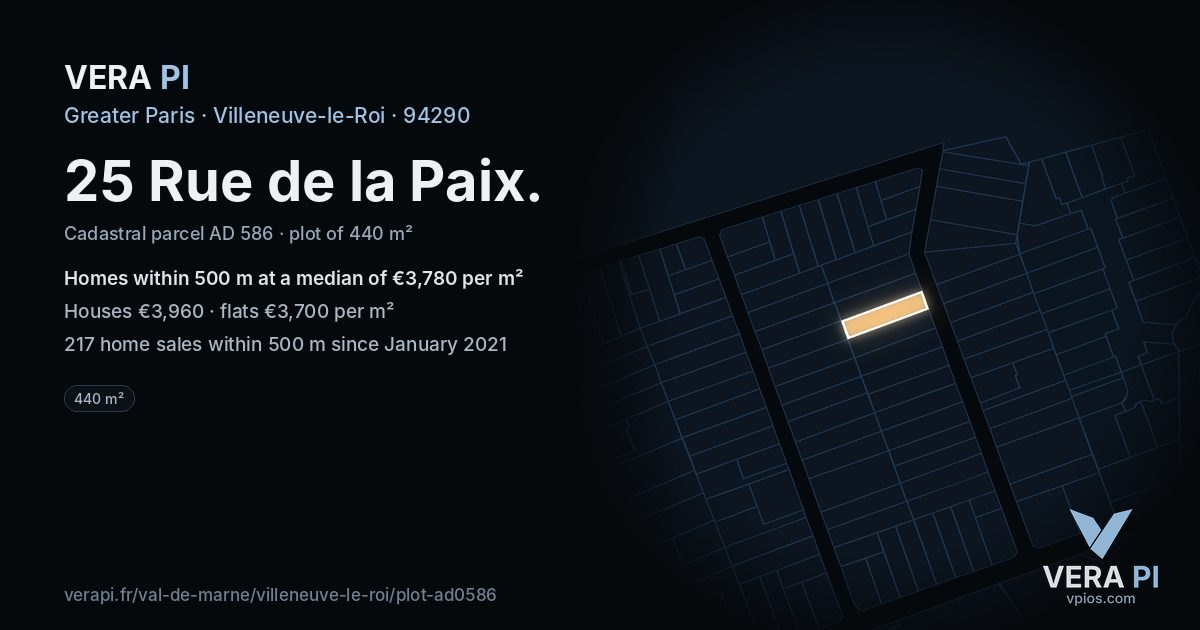 25 Rue de la Paix, Villeneuve-le-Roi at night – the plot lit, the parcels around coloured by the prices near them