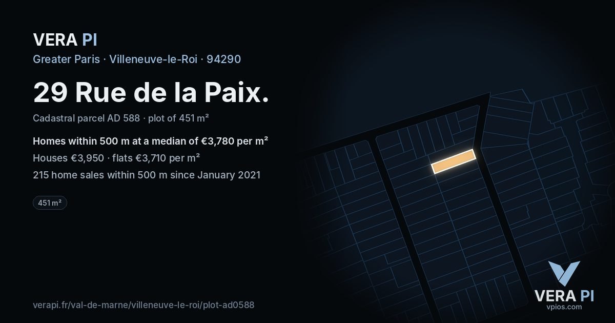 29 Rue de la Paix, Villeneuve-le-Roi at night – the plot lit, the parcels around coloured by the prices near them