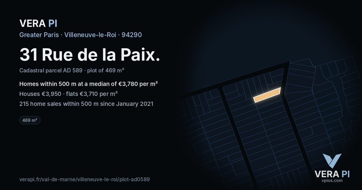 31 Rue de la Paix, Villeneuve-le-Roi at night – the plot lit, the parcels around coloured by the prices near them