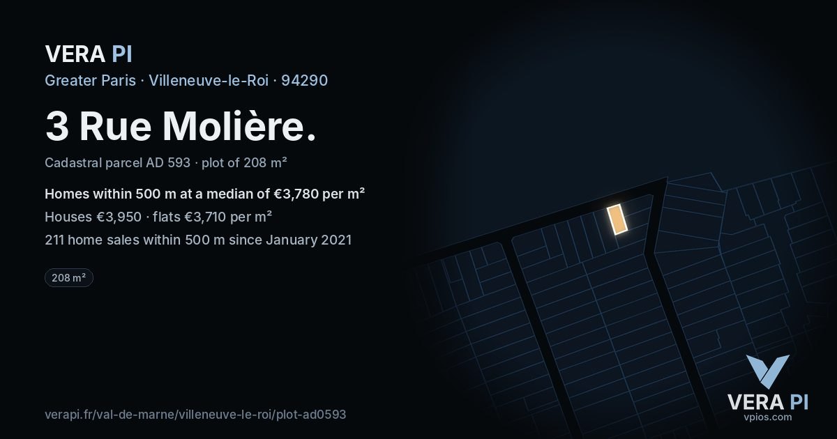 3 Rue Molière, Villeneuve-le-Roi at night – the plot lit, the parcels around coloured by the prices near them