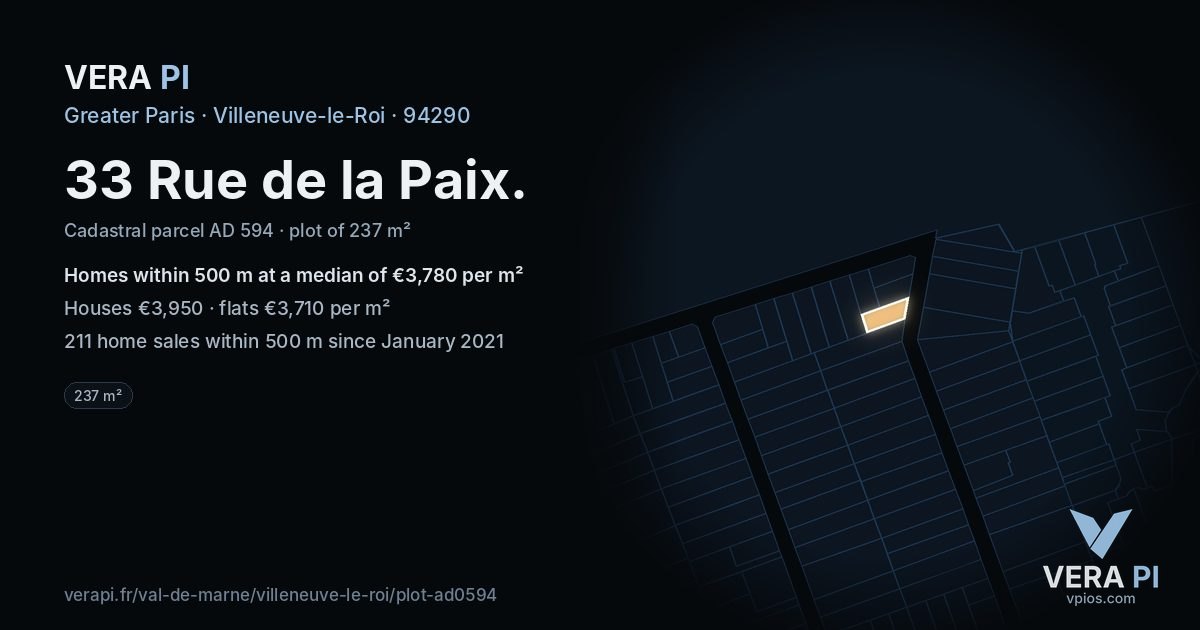 33 Rue de la Paix, Villeneuve-le-Roi at night – the plot lit, the parcels around coloured by the prices near them