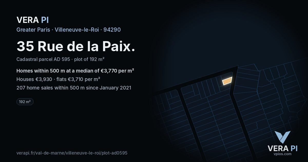 35 Rue de la Paix, Villeneuve-le-Roi at night – the plot lit, the parcels around coloured by the prices near them
