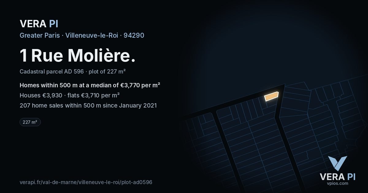 1 Rue Molière, Villeneuve-le-Roi at night – the plot lit, the parcels around coloured by the prices near them