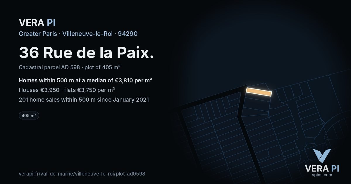 36 Rue de la Paix, Villeneuve-le-Roi at night – the plot lit, the parcels around coloured by the prices near them
