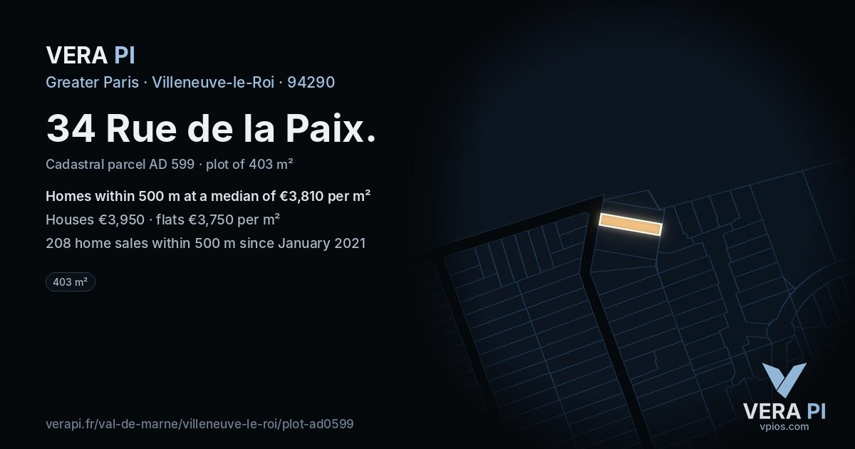 34 Rue de la Paix, Villeneuve-le-Roi at night – the plot lit, the parcels around coloured by the prices near them