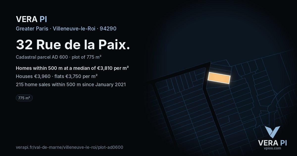 32 Rue de la Paix, Villeneuve-le-Roi at night – the plot lit, the parcels around coloured by the prices near them