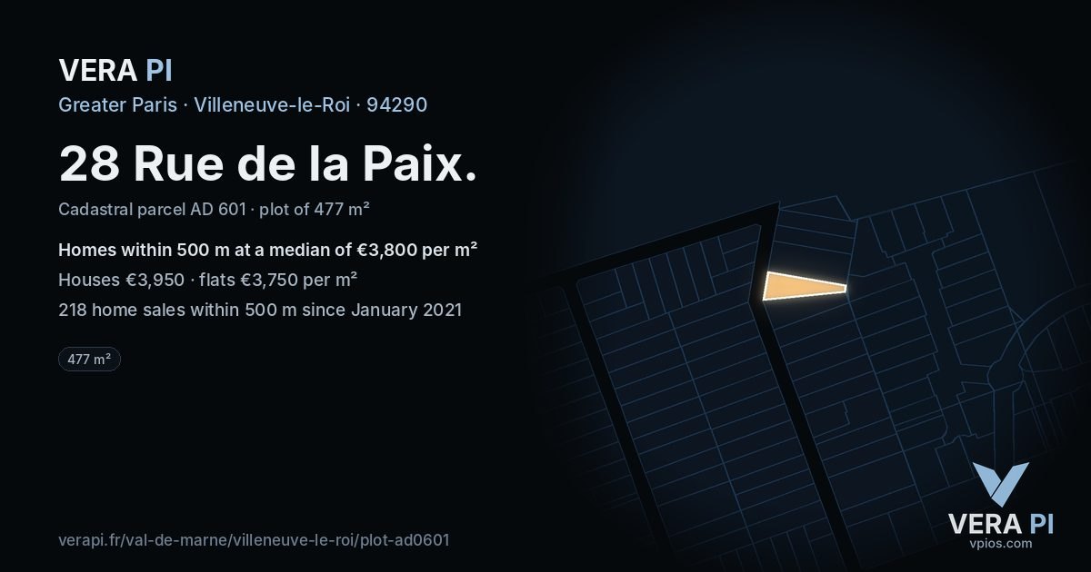 28 Rue de la Paix, Villeneuve-le-Roi at night – the plot lit, the parcels around coloured by the prices near them
