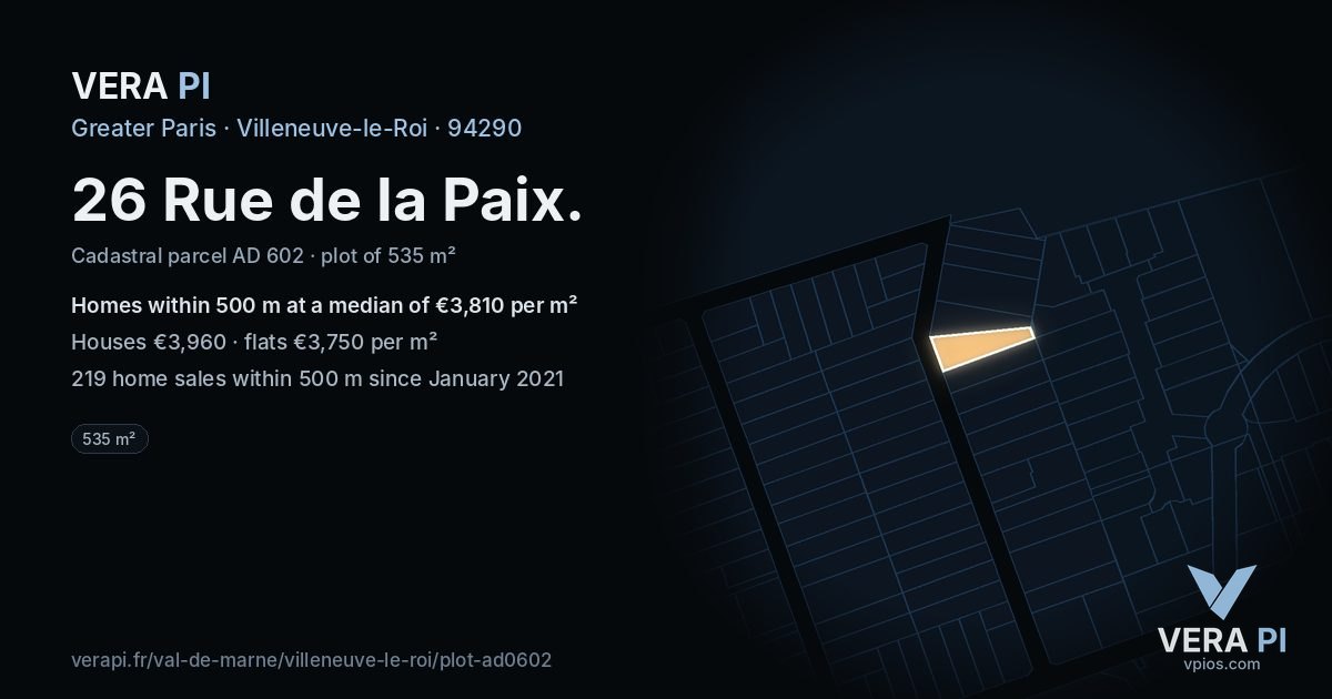 26 Rue de la Paix, Villeneuve-le-Roi at night – the plot lit, the parcels around coloured by the prices near them