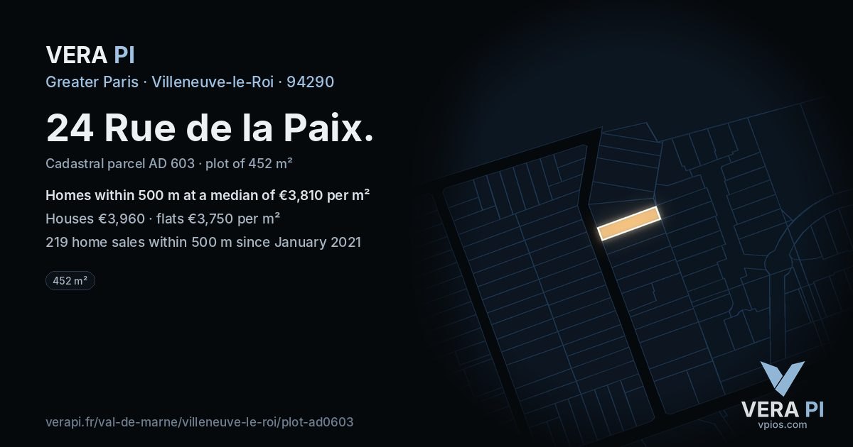 24 Rue de la Paix, Villeneuve-le-Roi at night – the plot lit, the parcels around coloured by the prices near them