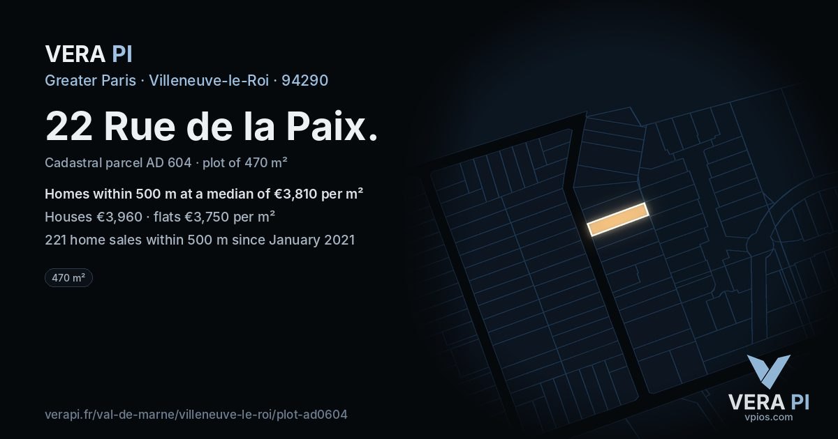 22 Rue de la Paix, Villeneuve-le-Roi at night – the plot lit, the parcels around coloured by the prices near them