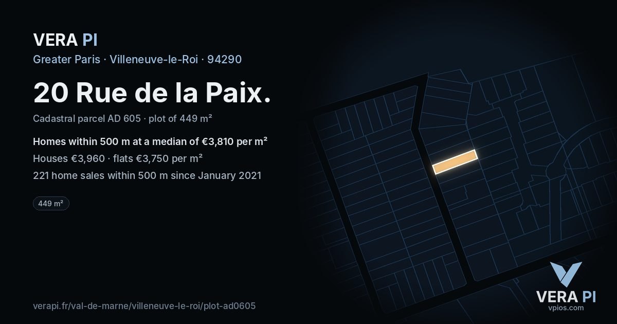 20 Rue de la Paix, Villeneuve-le-Roi at night – the plot lit, the parcels around coloured by the prices near them