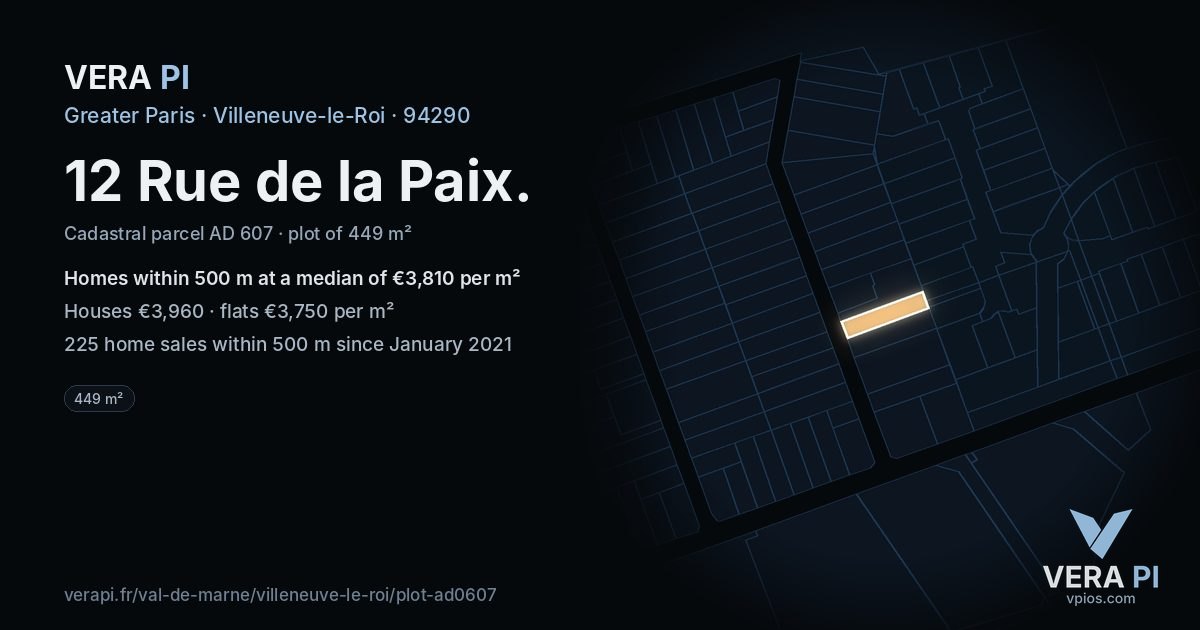 12 Rue de la Paix, Villeneuve-le-Roi at night – the plot lit, the parcels around coloured by the prices near them