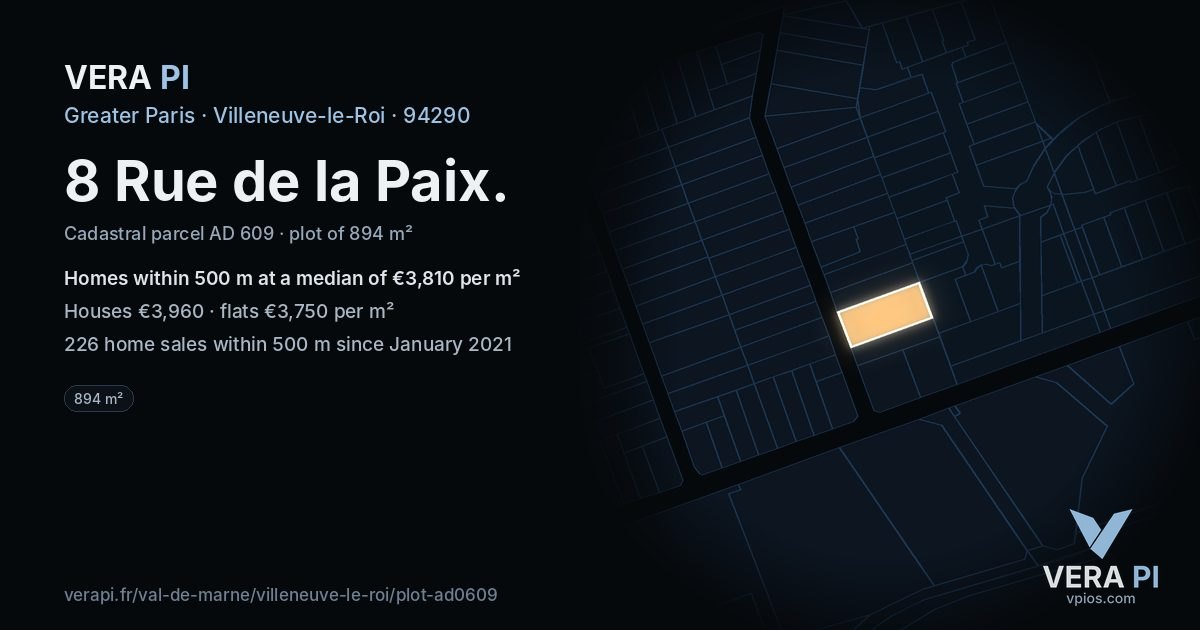 8 Rue de la Paix, Villeneuve-le-Roi at night – the plot lit, the parcels around coloured by the prices near them