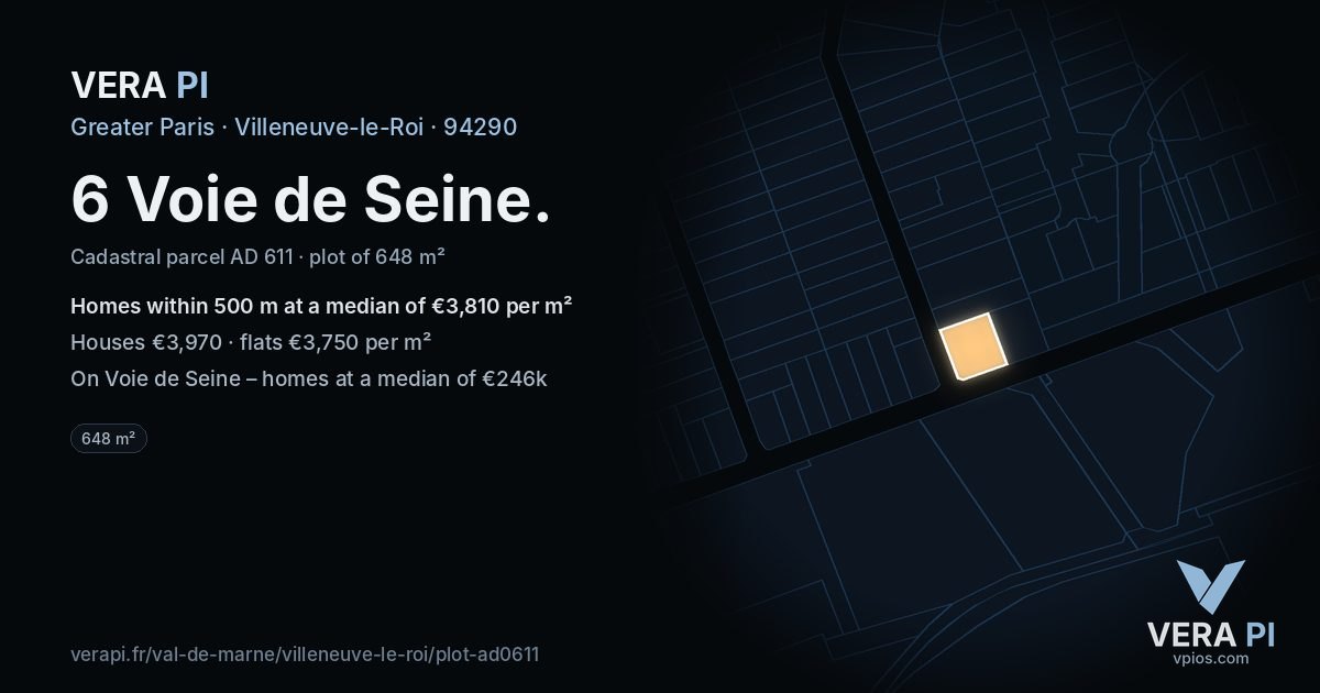6 Voie de Seine, Villeneuve-le-Roi at night – the plot lit, the parcels around coloured by the prices near them