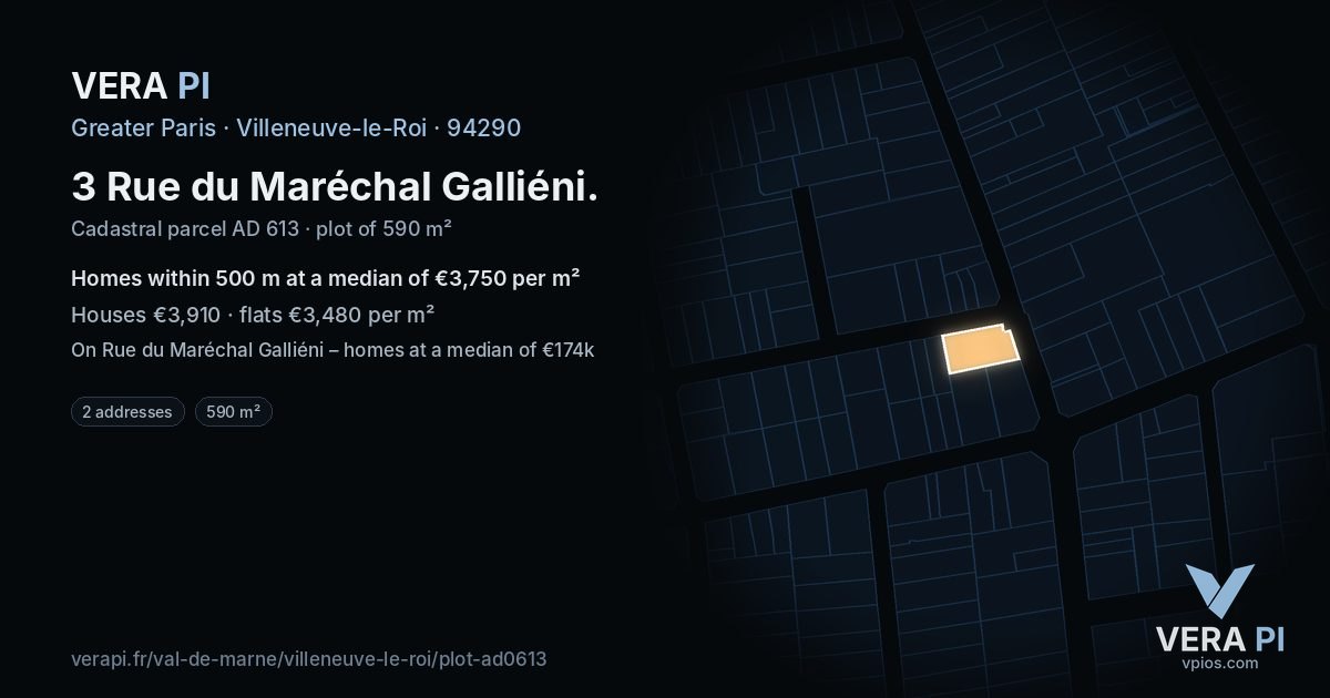 3 Rue du Maréchal Galliéni, Villeneuve-le-Roi at night – the plot lit, the parcels around coloured by the prices near them