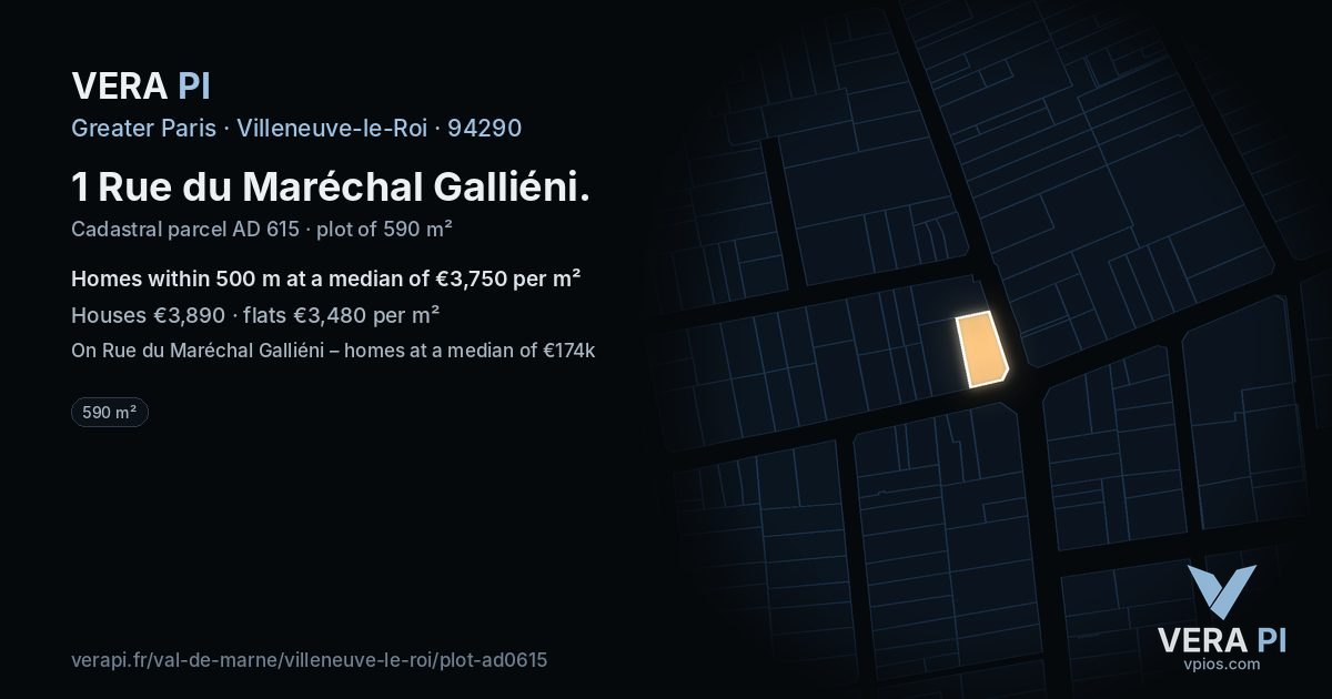 1 Rue du Maréchal Galliéni, Villeneuve-le-Roi at night – the plot lit, the parcels around coloured by the prices near them