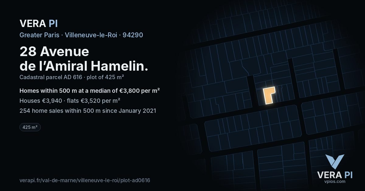 28 Avenue de l’Amiral Hamelin, Villeneuve-le-Roi at night – the plot lit, the parcels around coloured by the prices near them