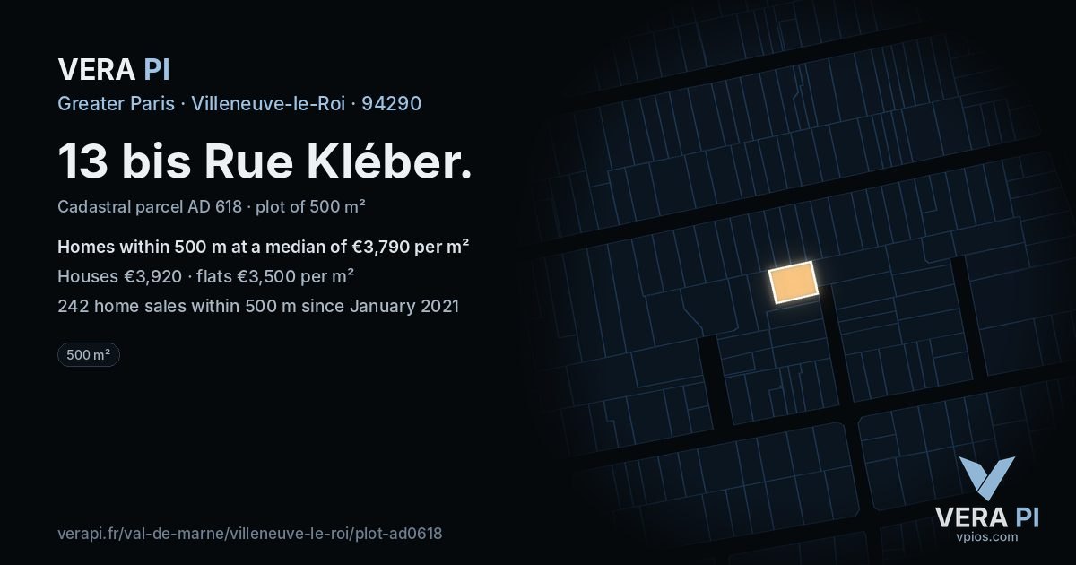 13 bis Rue Kléber, Villeneuve-le-Roi at night – the plot lit, the parcels around coloured by the prices near them
