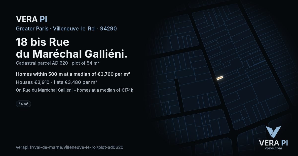 18 bis Rue du Maréchal Galliéni, Villeneuve-le-Roi at night – the plot lit, the parcels around coloured by the prices near them