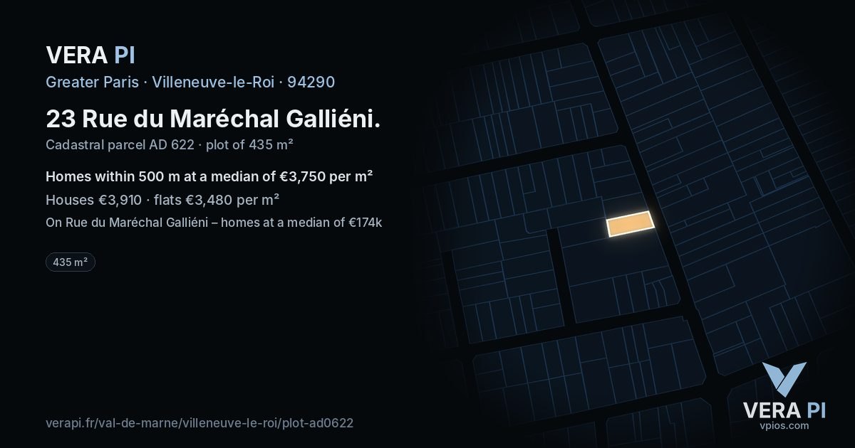23 Rue du Maréchal Galliéni, Villeneuve-le-Roi at night – the plot lit, the parcels around coloured by the prices near them