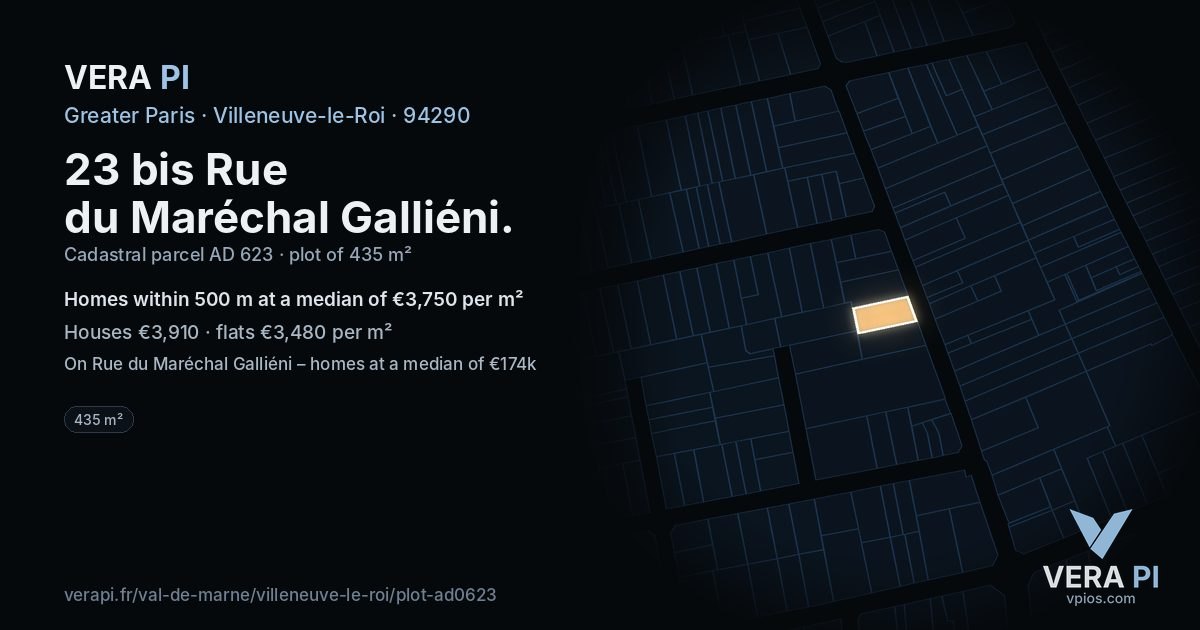 23 bis Rue du Maréchal Galliéni, Villeneuve-le-Roi at night – the plot lit, the parcels around coloured by the prices near them
