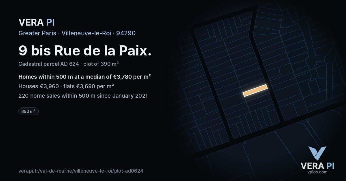 9 bis Rue de la Paix, Villeneuve-le-Roi at night – the plot lit, the parcels around coloured by the prices near them