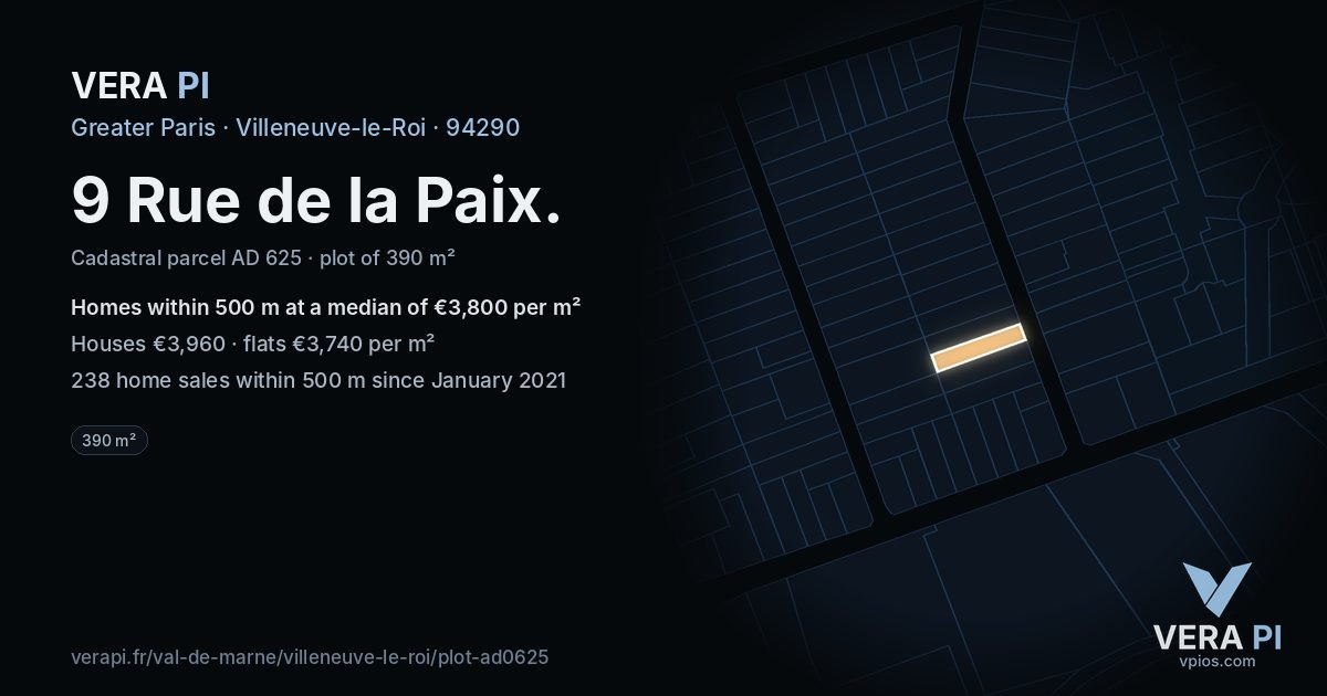 9 Rue de la Paix, Villeneuve-le-Roi at night – the plot lit, the parcels around coloured by the prices near them