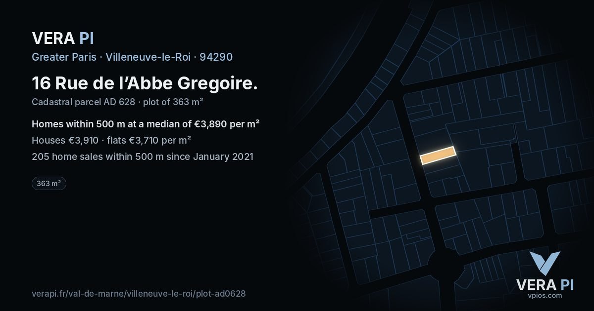 16 Rue de l’Abbe Gregoire, Villeneuve-le-Roi at night – the plot lit, the parcels around coloured by the prices near them