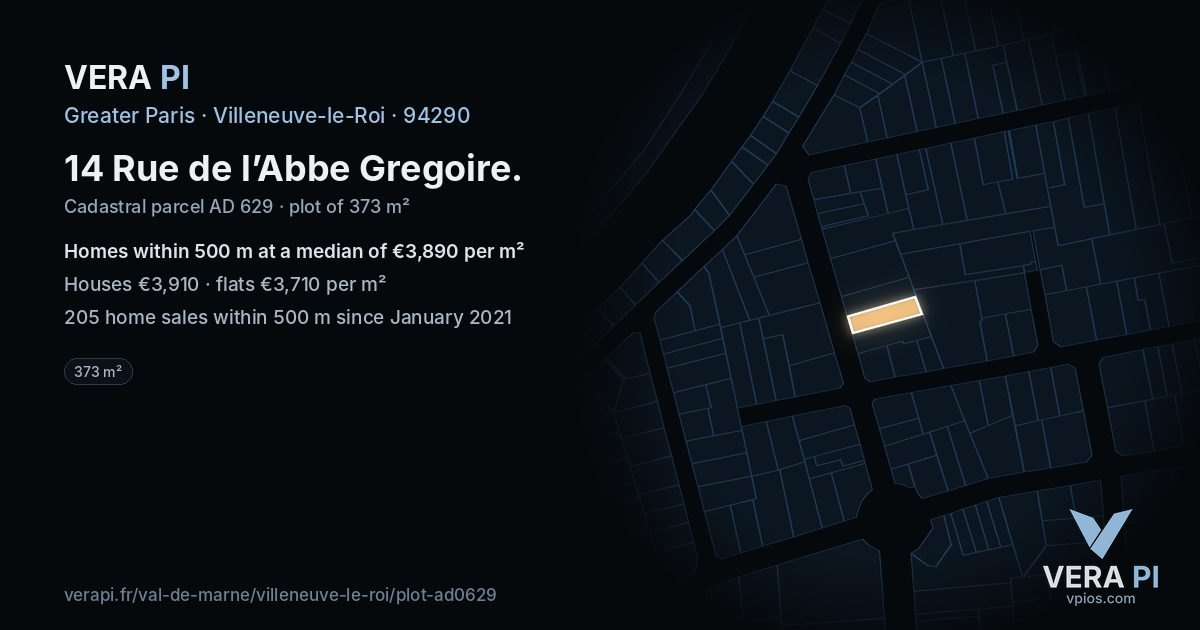 14 Rue de l’Abbe Gregoire, Villeneuve-le-Roi at night – the plot lit, the parcels around coloured by the prices near them