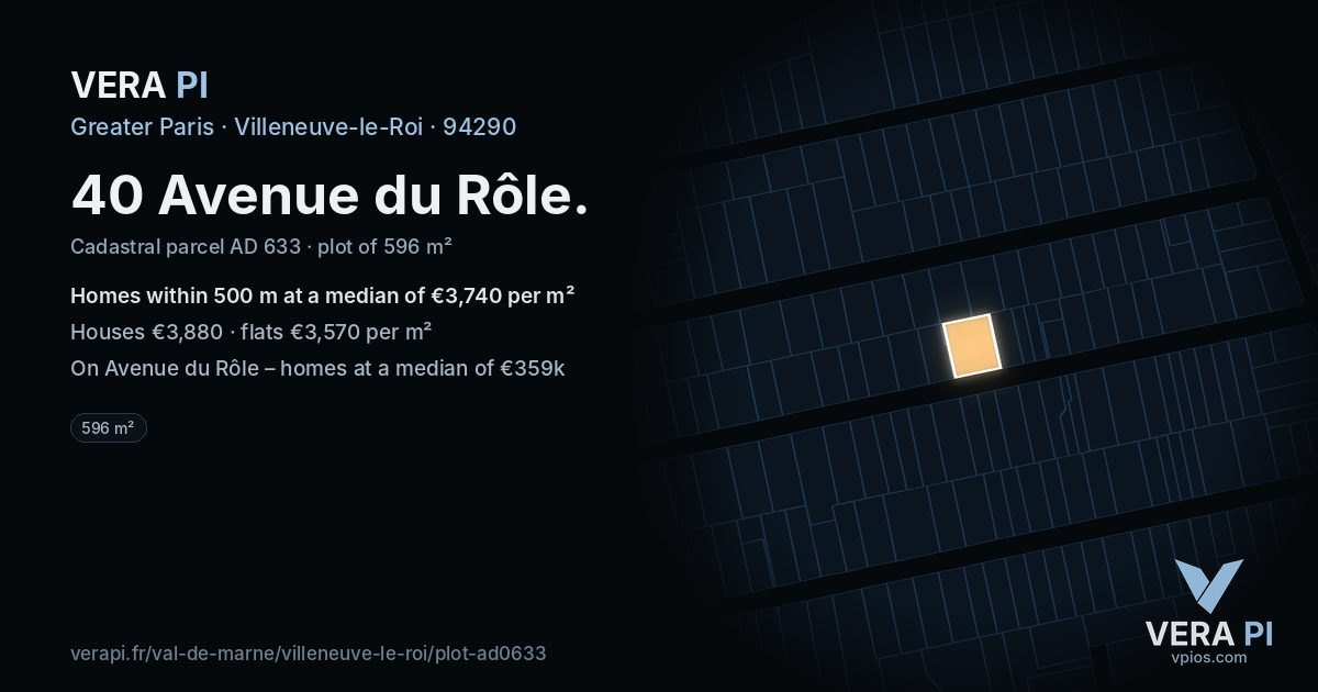 40 Avenue du Rôle, Villeneuve-le-Roi at night – the plot lit, the parcels around coloured by the prices near them