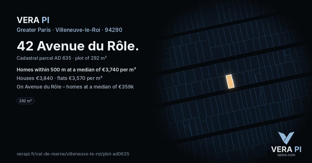 42 Avenue du Rôle, Villeneuve-le-Roi at night – the plot lit, the parcels around coloured by the prices near them