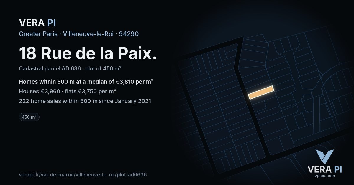 18 Rue de la Paix, Villeneuve-le-Roi at night – the plot lit, the parcels around coloured by the prices near them
