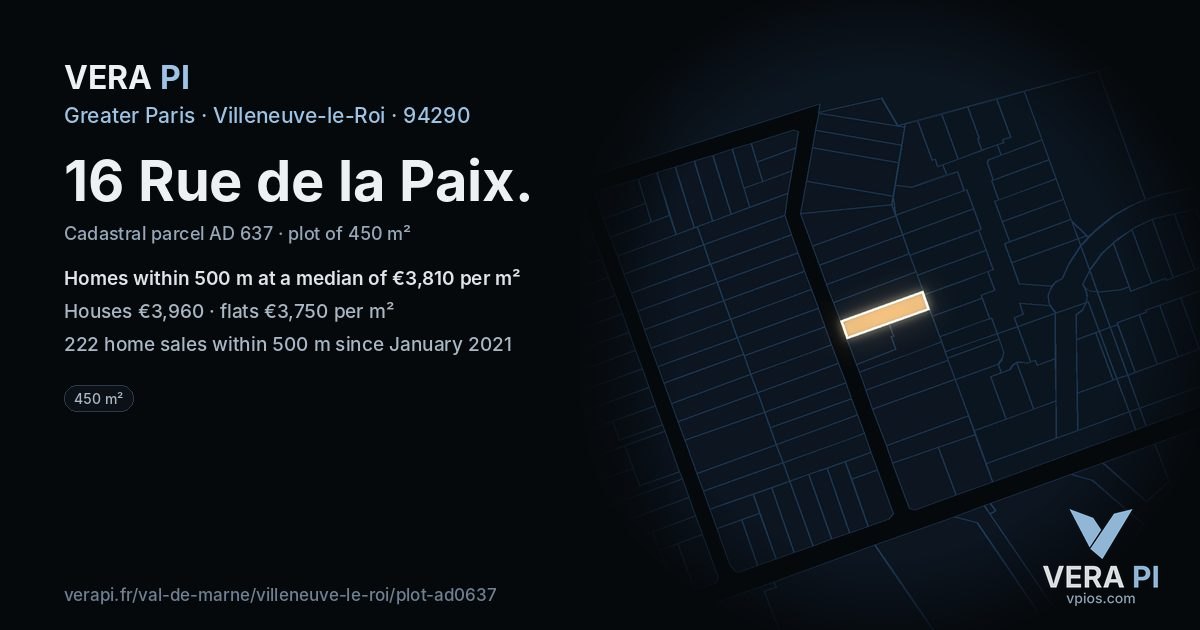 16 Rue de la Paix, Villeneuve-le-Roi at night – the plot lit, the parcels around coloured by the prices near them