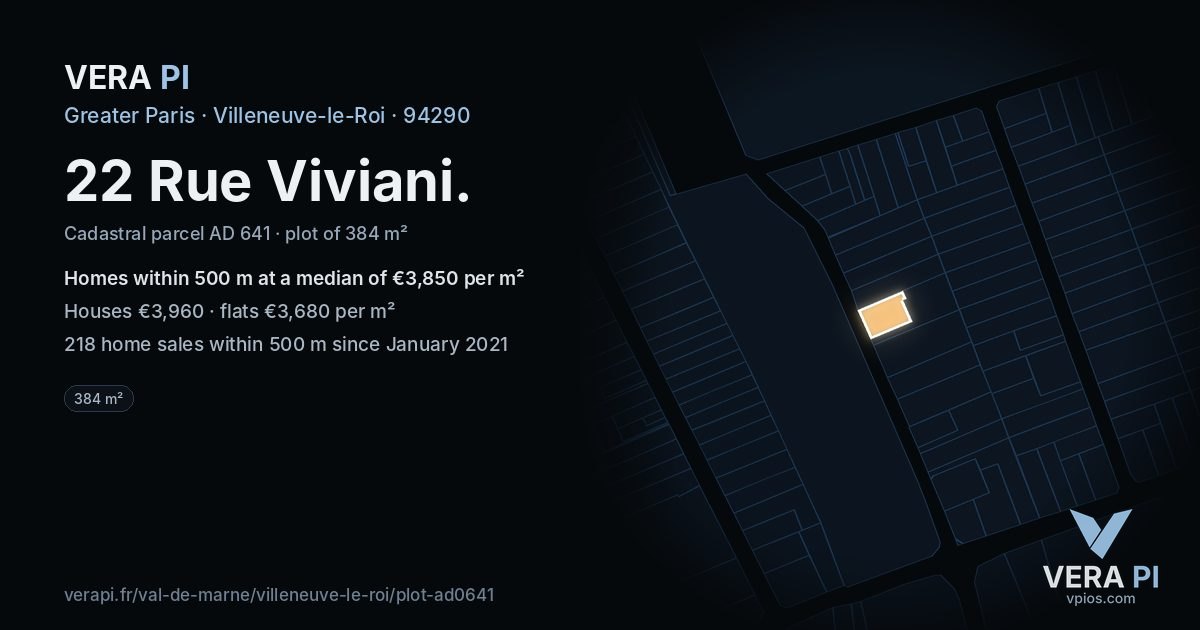 22 Rue Viviani, Villeneuve-le-Roi at night – the plot lit, the parcels around coloured by the prices near them