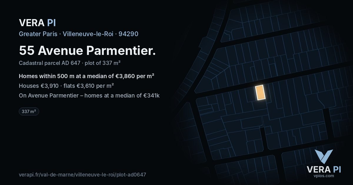 55 Avenue Parmentier, Villeneuve-le-Roi at night – the plot lit, the parcels around coloured by the prices near them