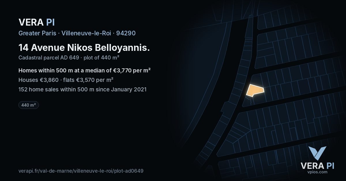 14 Avenue Nikos Belloyannis, Villeneuve-le-Roi at night – the plot lit, the parcels around coloured by the prices near them