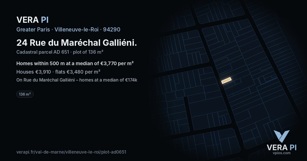 24 Rue du Maréchal Galliéni, Villeneuve-le-Roi at night – the plot lit, the parcels around coloured by the prices near them