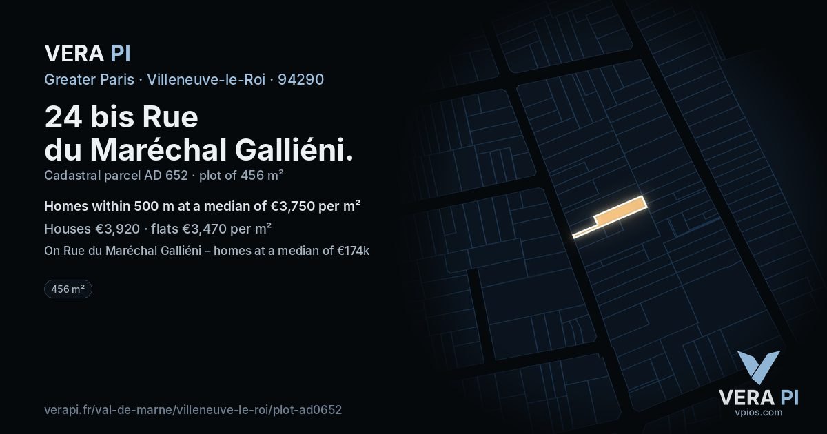 24 bis Rue du Maréchal Galliéni, Villeneuve-le-Roi at night – the plot lit, the parcels around coloured by the prices near them