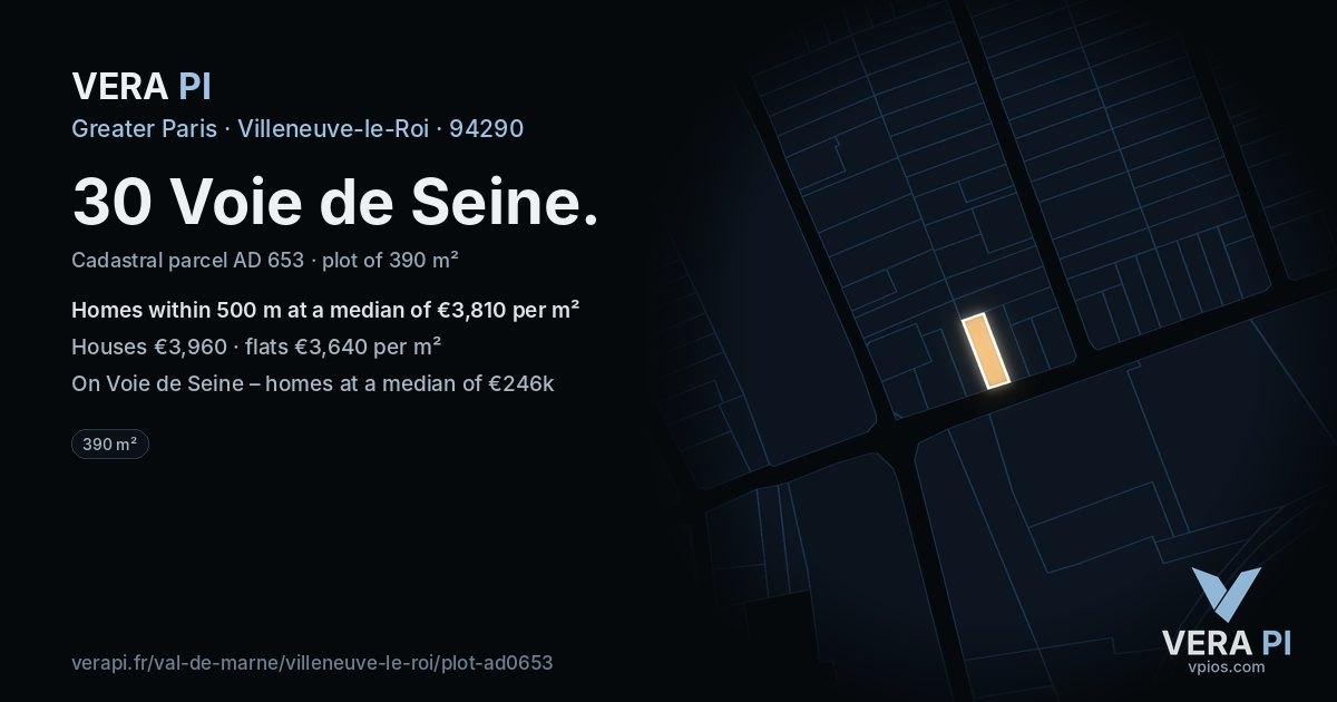 30 Voie de Seine, Villeneuve-le-Roi at night – the plot lit, the parcels around coloured by the prices near them