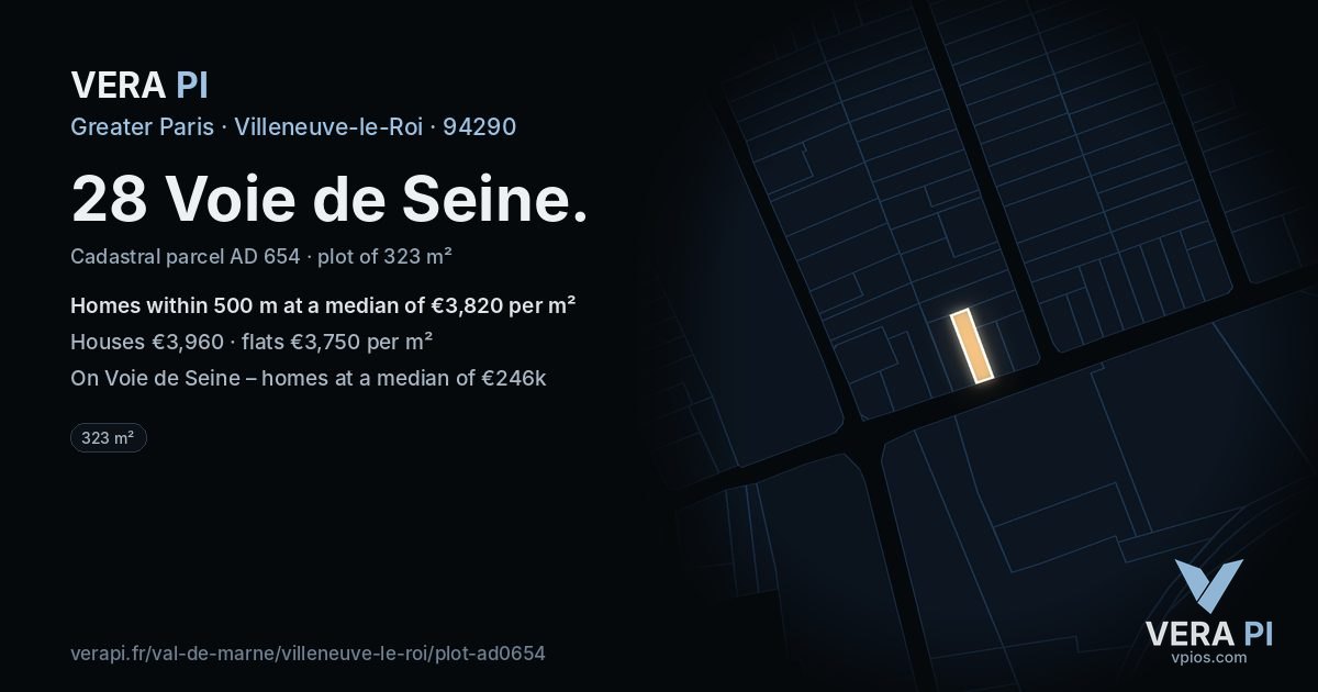 28 Voie de Seine, Villeneuve-le-Roi at night – the plot lit, the parcels around coloured by the prices near them