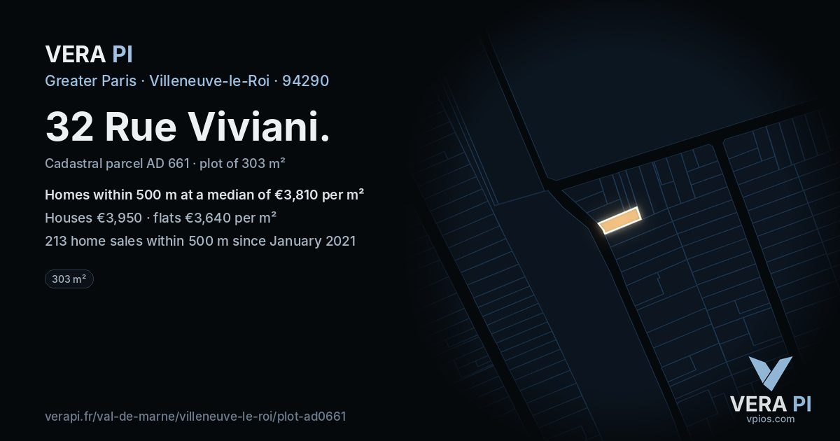 32 Rue Viviani, Villeneuve-le-Roi at night – the plot lit, the parcels around coloured by the prices near them